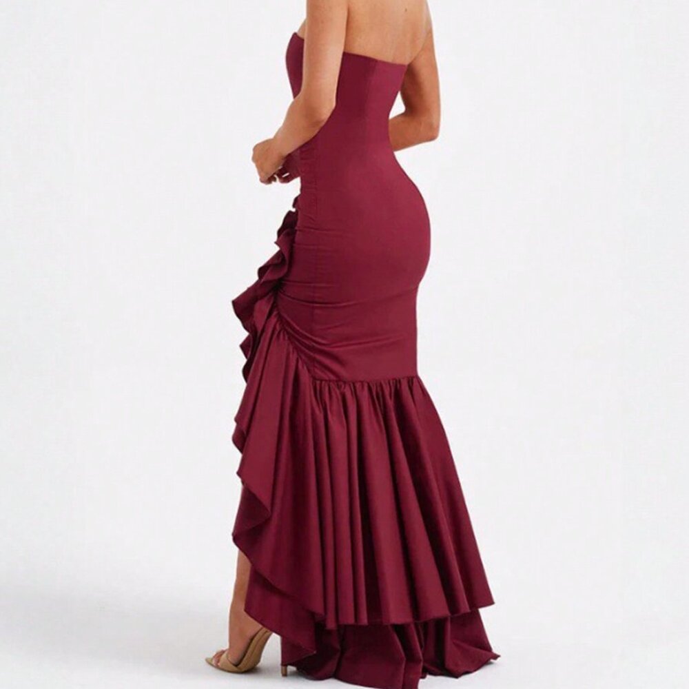 Burgundy Party Women's Sexy Strapless Asymmetrical Hem Fitted maXI Dress - Picture 5 of 9